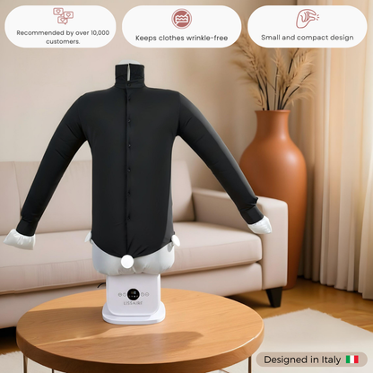 Wrinkle-free t-shirt being ironed by Lissaire hands-free device